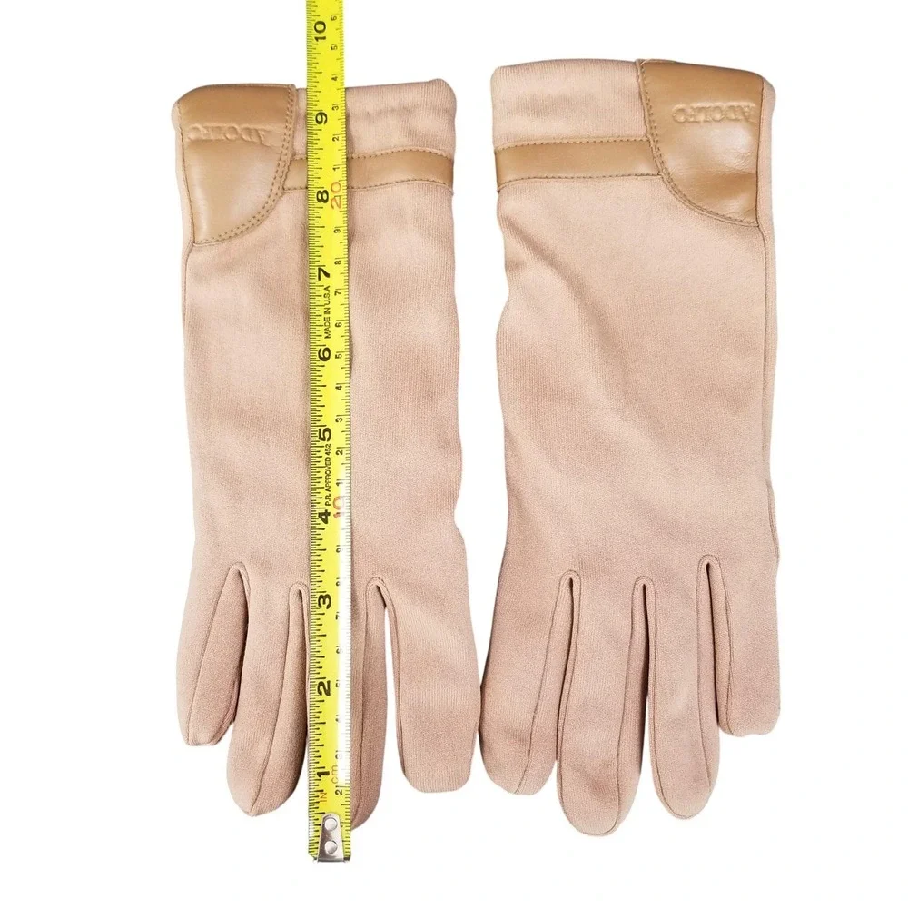 Adolfo Womens Tan Nylon Winter‎ Gloves Faux Leather Palm Acrylic Lined One Size